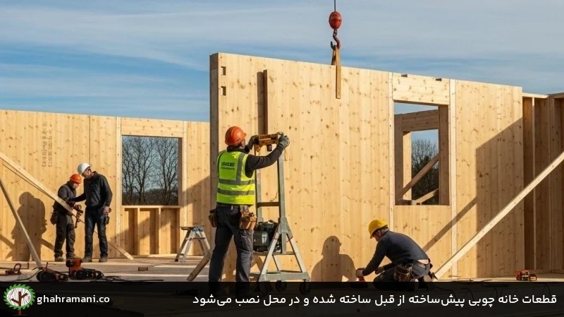 قطعات خانه چوبی پیش&zwnj;ساخته از قبل ساخته شده و در محل نصب می&zwnj;شود