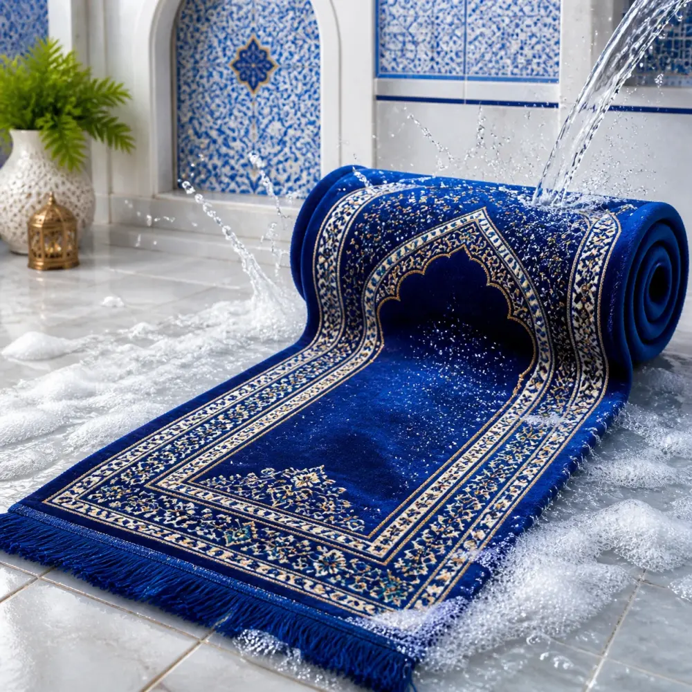 نکات طلایی نگهداری و شستشوی فرش سجاده‌ای آبی کاربنی