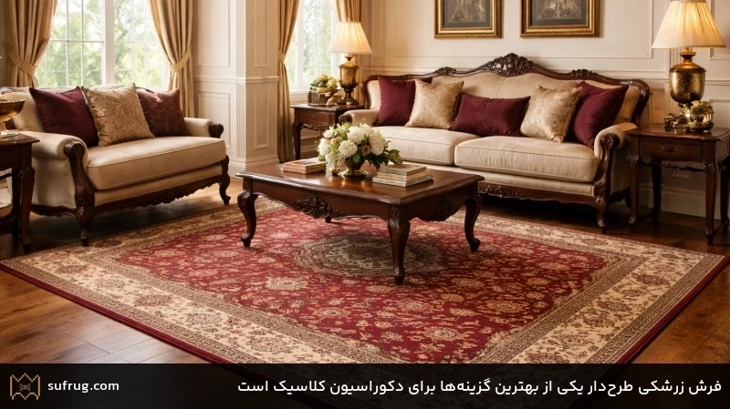 فرش زرشکی طرحدار یکی از بهترین گزینهها برای دکوراسیون کلاسیک است فرش زرشکی طرحدار یکی از بهترین گزینهها برای دکوراسیون کلاسیک است