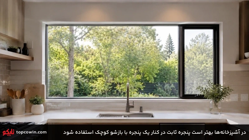 در آشپزخانهها بهتر است پنجره ثابت در کنار یک پنجره با بازشو کوچک استفاده شود در آشپزخانهها بهتر است پنجره ثابت در کنار یک پنجره با بازشو کوچک استفاده شود