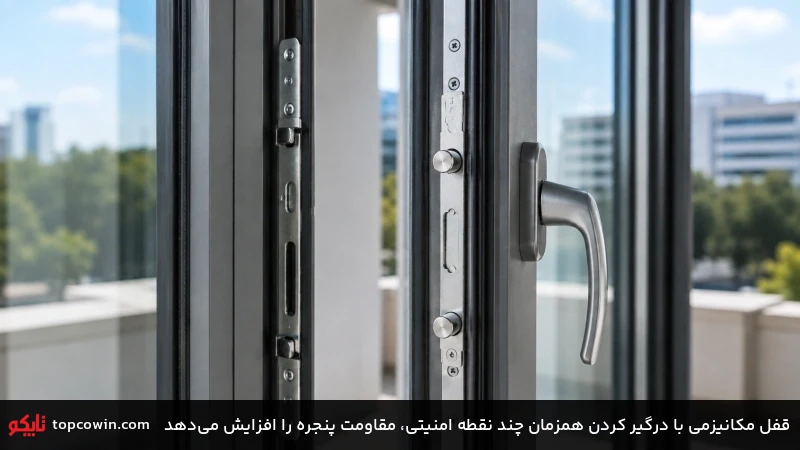 قفل مکانیزمی با درگیر کردن همزمان چند نقطه امنیتی، مقاومت پنجره را افزایش میدهد قفل مکانیزمی با درگیر کردن همزمان چند نقطه امنیتی، مقاومت پنجره را افزایش میدهد